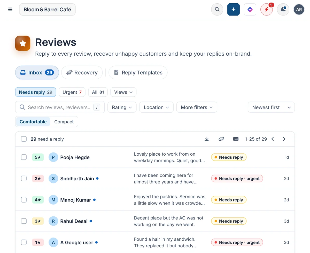 The Review Inbox showing Google reviews that need a reply, with ratings, urgent flags and filters